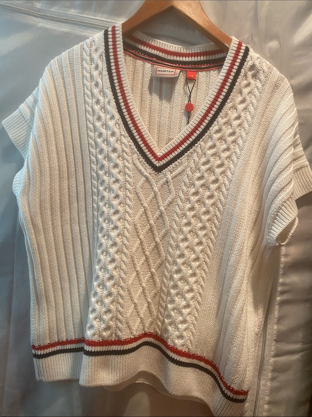 Hunter Ivory Cable Knit V-Neck Sweater Vest with Red and Navy Blue Trim